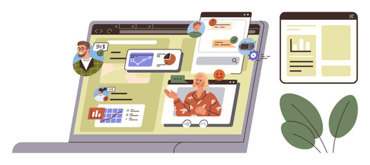 Laptop screen displaying video calls, charts, messages, and analytics, symbolizing teamwork, digital connection, and productivity. Ideal for remote work, webinars online learning data sharing