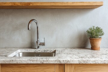 Modern kitchen sink area features chrome faucet and terracotta pot.