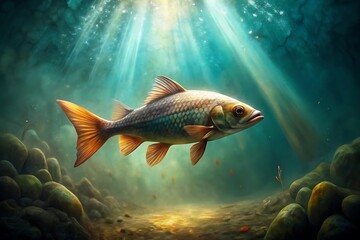 Naklejka premium A solitary freshwater fish swimming amidst rocks and sunlit water