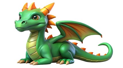 Obraz premium Adorable green baby dragon with orange horns and wings a cute character