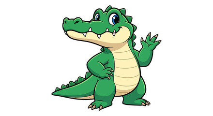 Naklejka premium Friendly cartoon alligator waving hello with a big smile, cute character illustration