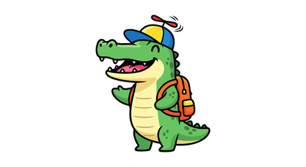 Obraz premium Cute cartoon alligator wearing a propeller hat and backpack, waving hello