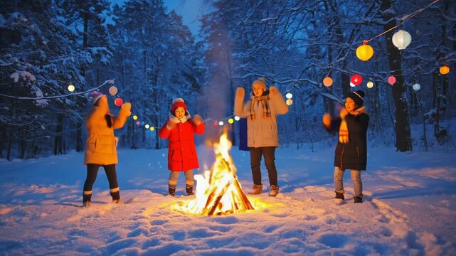 Children celebrate the winter solstice by dancing around a campfire in the winter forest