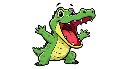 Fototapeta premium Happy cartoon alligator with mouth wide open and arms raised in excitement