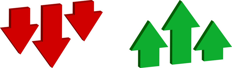 Green up and red down 3d arrow graph showing rising, descending trend, business result, profit or loss symbol symbol. Business arrow, goals concept. 3d world money symbols. Financial growth vector