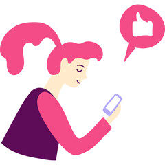 Woman with Pink Ponytail and Purple Vest Smiling While Holding a Smartphone with a Thumbs Up Notification Icon Floating Above her Head