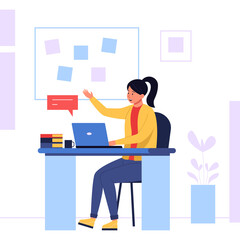 Woman Working At A Desk With A Laptop And Sticky Notes On A Whiteboard In A Bright Office Setting