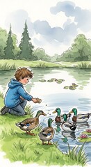 Boy Feeding Ducks by the Pond in Watercolor Illustration.
