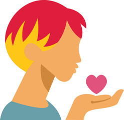 Side view of a young person with colorful hair gently blowing a kiss towards a heart resting on their open hand