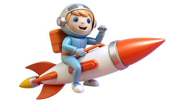 A cheerful cartoon astronaut riding a colorful rocket ship forward