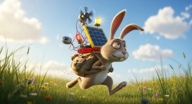 Cartoon hare running through a meadow wearing a solar-powered device on its back