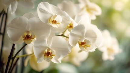Fototapeta premium Clusters of delicate white blossoms display intricate centers against a soft, sunlit background.