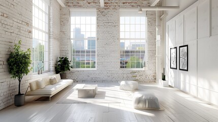 Modern minimalist loft interior, large windows, exposed brick wall painted white, sleek furniture, airy atmosphere.