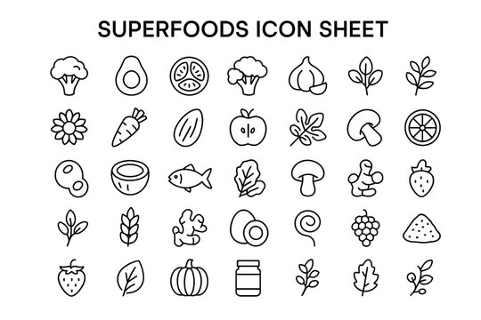Superfoods Icon Sheet: A comprehensive icon sheet showcasing an array of superfoods, each illustration expertly crafted to highlight their essence in simple lines, suitable for a range of uses.