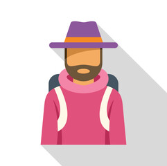 Hipster traveler with backpack and purple hat is enjoying a hike in the mountains