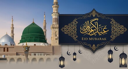 Eid Mubarak Greetings with Mosque and Lanterns - A Festive Celebration.