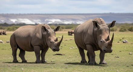Two Rhinos Grazing in African Savannah - Wildlife Conservation.