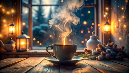 A cozy winter scene with warm drinks and glowing lights inside