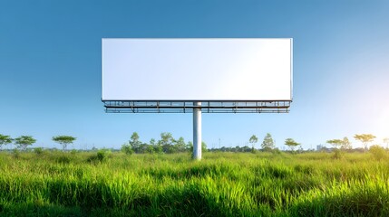 Large empty advertising structure stands tall over lush green field under bright blue sky