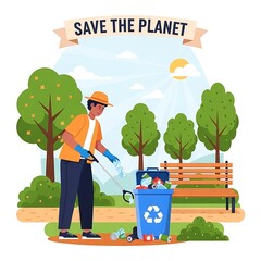 Volunteer Cleaning Park to Save the Planet Illustration.