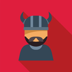 Portrait of a viking warrior wearing a horned helmet and sporting a thick beard, set against a vibrant red backdrop
