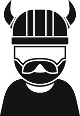 Simple black and white icon of a viking warrior wearing horned helmet and mustache
