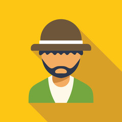 Bearded farmer avatar icon wearing brown hat and green jacket, flat design illustration with long shadow on yellow background