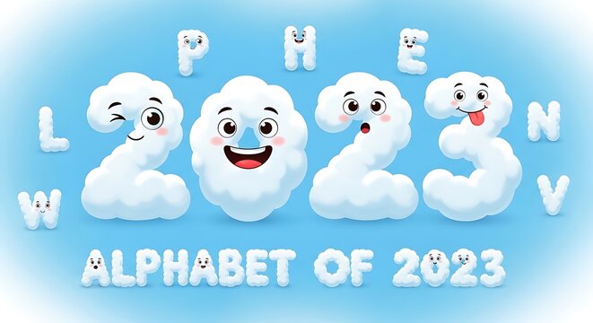 Whimsical Alphabet of 2023 - Cloud Characters and New Years Fun.