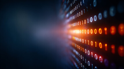 Abstract digital background featuring binary code in various colors, representing modern data processing and technological advancement.
