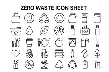 Sustainable Icon Sheet: A comprehensive icon sheet showcases a variety of zero waste practices, promoting environmental consciousness through visual representation.