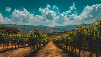 Naklejka premium Rows of lush grapevines stretch towards distant rolling hills under a dramatic sky
