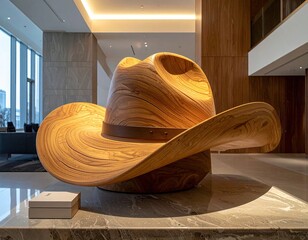Oversized wooden cowboy hat sculpture in modern foyer