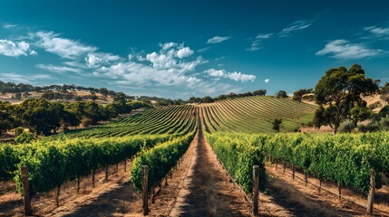 Naklejka premium Expansive rows of grapevines stretch across rolling hills under a bright blue sky