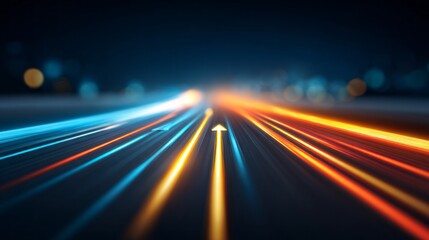 A dynamic scene shows a growth dashboard glowing with bright colors. Light trails in blue and orange suggest swift progress in a bustling tech environment at night