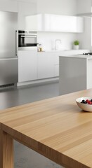 Bright Kitchen Interior with Wooden Table and Modern Appliances.