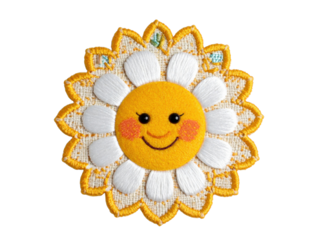 Smiling Daisy Applique with White Petals and Yellow Border.
