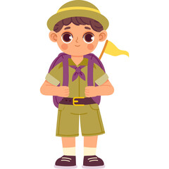 Young boy dressed as an explorer in khaki outfit complete with hat backpack and flag on a white background cartoon style illustration