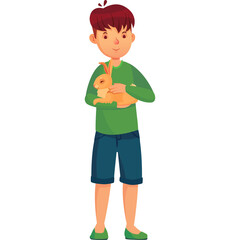 Young boy holding a fluffy rabbit pet wearing a green shirt and blue shorts on a transparent background