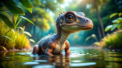 A young raptor curiously explores a lush vibrant prehistoric wetland habitat