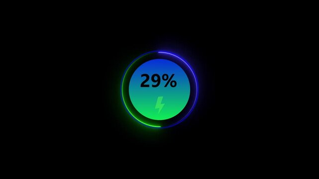 Neon Glowing loading animation counting from 0 to 47% percent. Charging screen 47% percent, screen call phone display charging battery on black background.