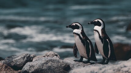 Two striking black and white aquatic birds stand together on rugged coastal stones beside the ocean