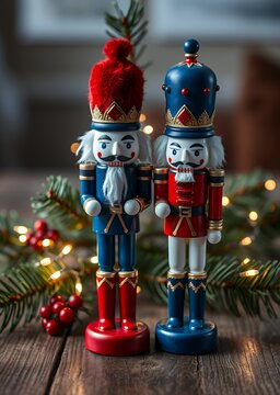 Blue and red christmas nutcracker figurine on wooden table with pine branches and fairy lights - illustration nutcrackers holiday  decoration christmas toy festive merry celebration