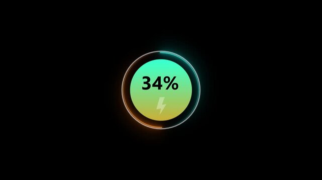 Neon Glowing loading animation counting from 0 to 54% percent. Charging screen 54% percent, screen call phone display charging battery on black background.