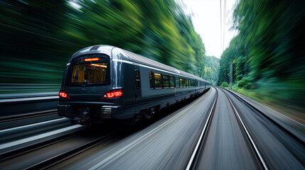 Train is traveling down a track with trees in the background. The train is moving quickly and he is in motion