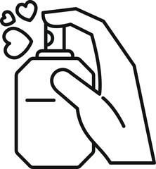 Hand holding and spraying perfume bottle, releasing a fragrant mist with love hearts, symbolizing romance and attraction
