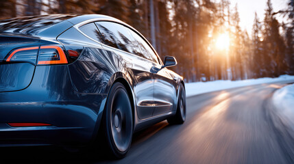 Black hybrid or electric car is driving down a snowy road. The sun is shining brightly in the background, creating a warm and inviting atmosphere. The car's sleek design