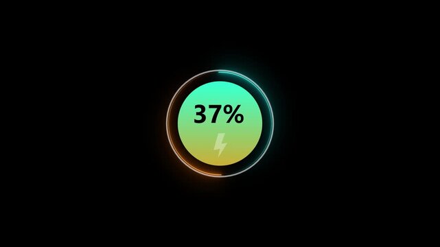 Neon Glowing loading animation counting from 0 to 59% percent. Charging screen 59% percent, screen call phone display charging battery on black background.