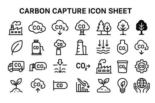 Carbon Capture Icon Sheet: An array of minimalist icons presents the vital process of capturing carbon, encompassing diverse elements such as factories, CO2 clouds.