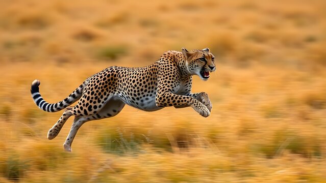 “Chasing Dreams” Cheetah sprinting at full speed in golden savanna grass
