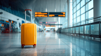 Yellow suitcase is sitting on the floor in an airport terminal. The suitcase is open and ready to be packed. The airport terminal is empty, and the only other object visible is a clock on the wall